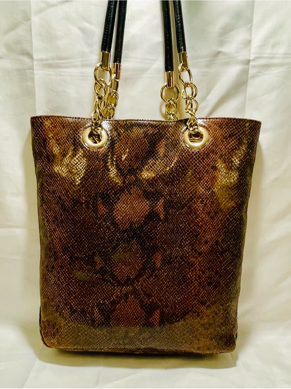 Cynthia Rowley Leather Snake-Print Tote with Gold Chain Accents